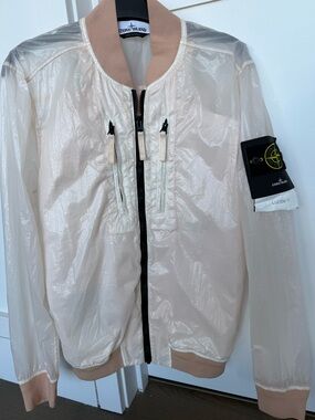 Stone Island Translucent Sheer Bomber Jacket in Cream with Pale Pink Trim
